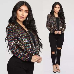 CRESAY Colorful Sequin Bomber Jacket